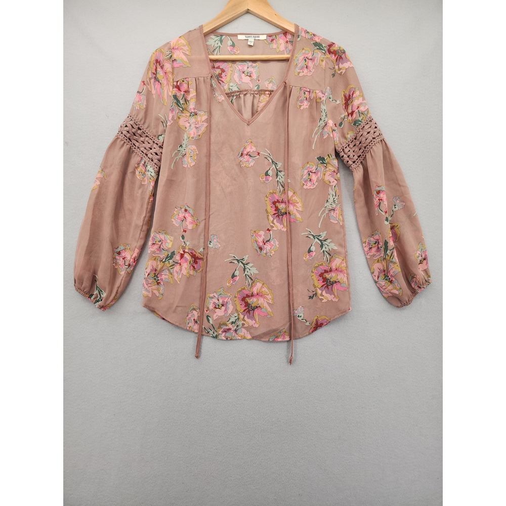 Daniel Rainn Floral Blouse Small Mauve Pink Crochet Lace Peasant Sleeve Boho Top